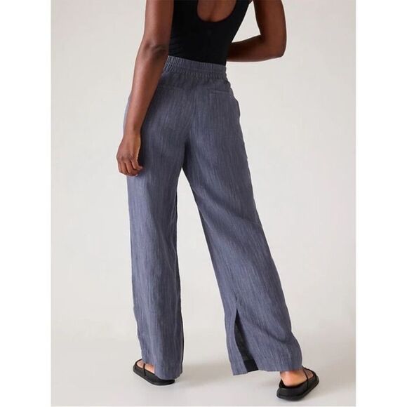 Athleta Women's Cabo Linen Textured Wide Leg Blue Stripe Pull On Pants Blue 0 - Picture 3 of 14